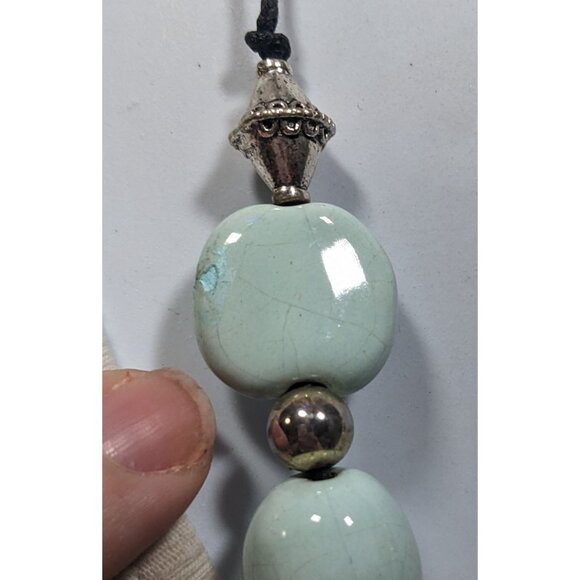 Handmade Light Blue Ceramic Beaded Necklace With Silver Tone Accents - Picture 4 of 8